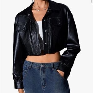 Large Women's Faux Leather Crop Jacket Button Down Motorcycle Jacket